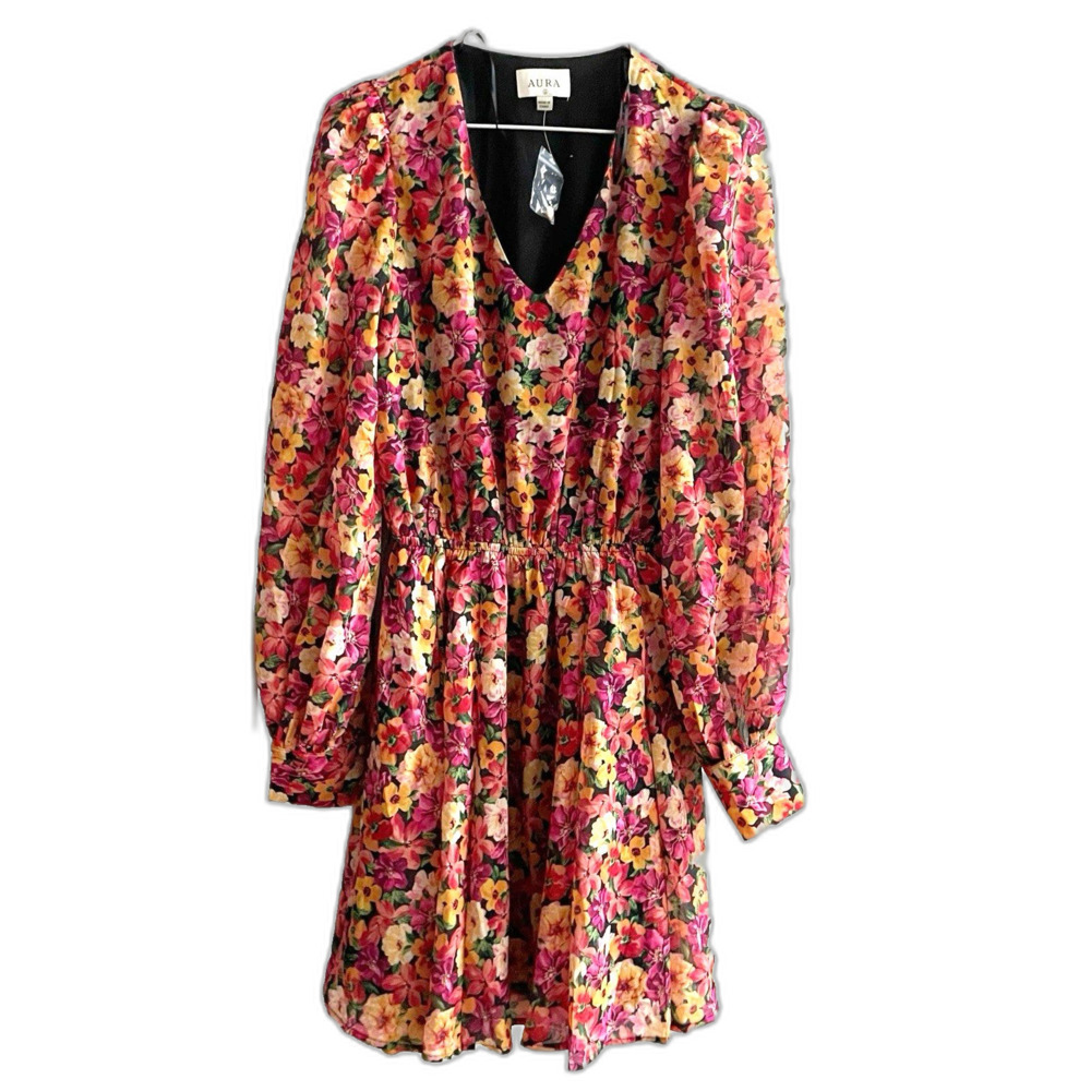 AURA Red Floral V-Neck Maxi Dress S Boho Cottagecore Fairy Nature Long Sleeve